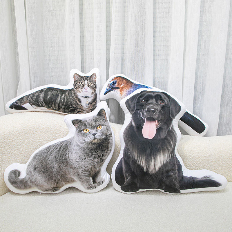 Custom Pet Pillow Showcase – Ultra-realistic pillows shaped like cats, dogs, and birds.